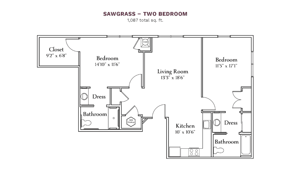 The Camellia at Deerwood layout for "Sawgrass - Two Bedroom" with 1,087 square feet.